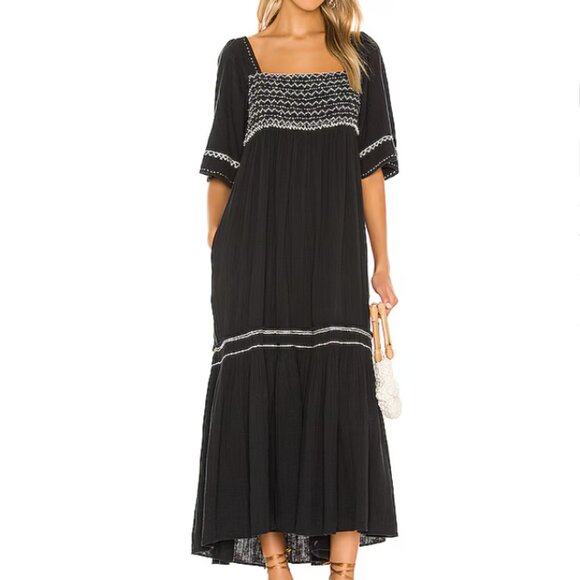 Free People Dresses & Skirts - Black Embroidered Square-Neck Maxi Dress